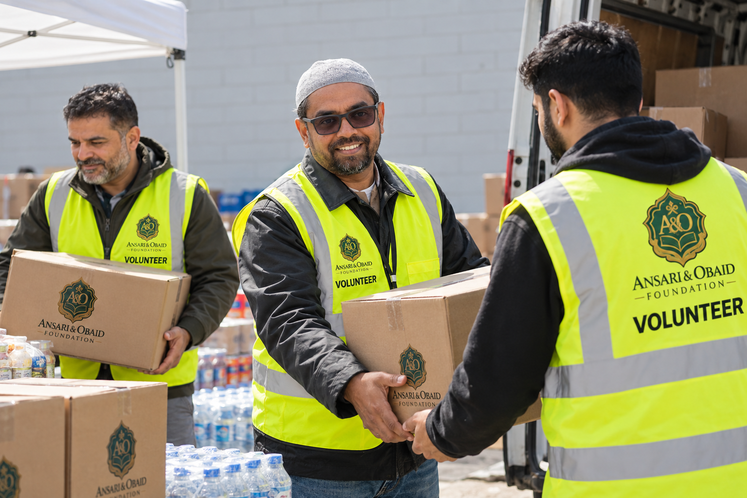 Two volunteers organising food boxes, photographed by Ismael Paramo