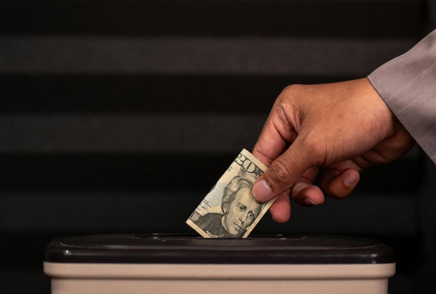 A hand placing a US dollar banknote into a donation box