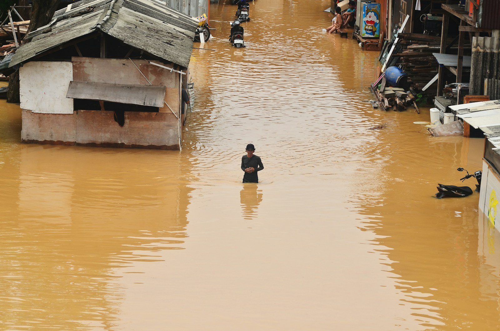 Floodwater surrounding homes in Jakarta
